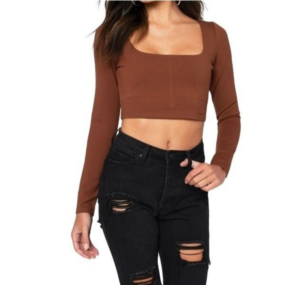 TOBI NWT Marianne Mocha Square Neck Long Sleeve Crop Top Womens Size M